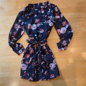 Grey and Pink Floral Ruffle Neck Loft Dress